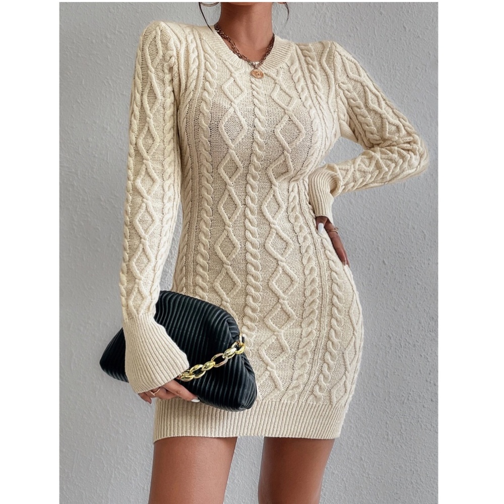 Beige Sweater Dress Cable Knit Backless Round Neck Long Sleeve Short - Picture 7 of 9